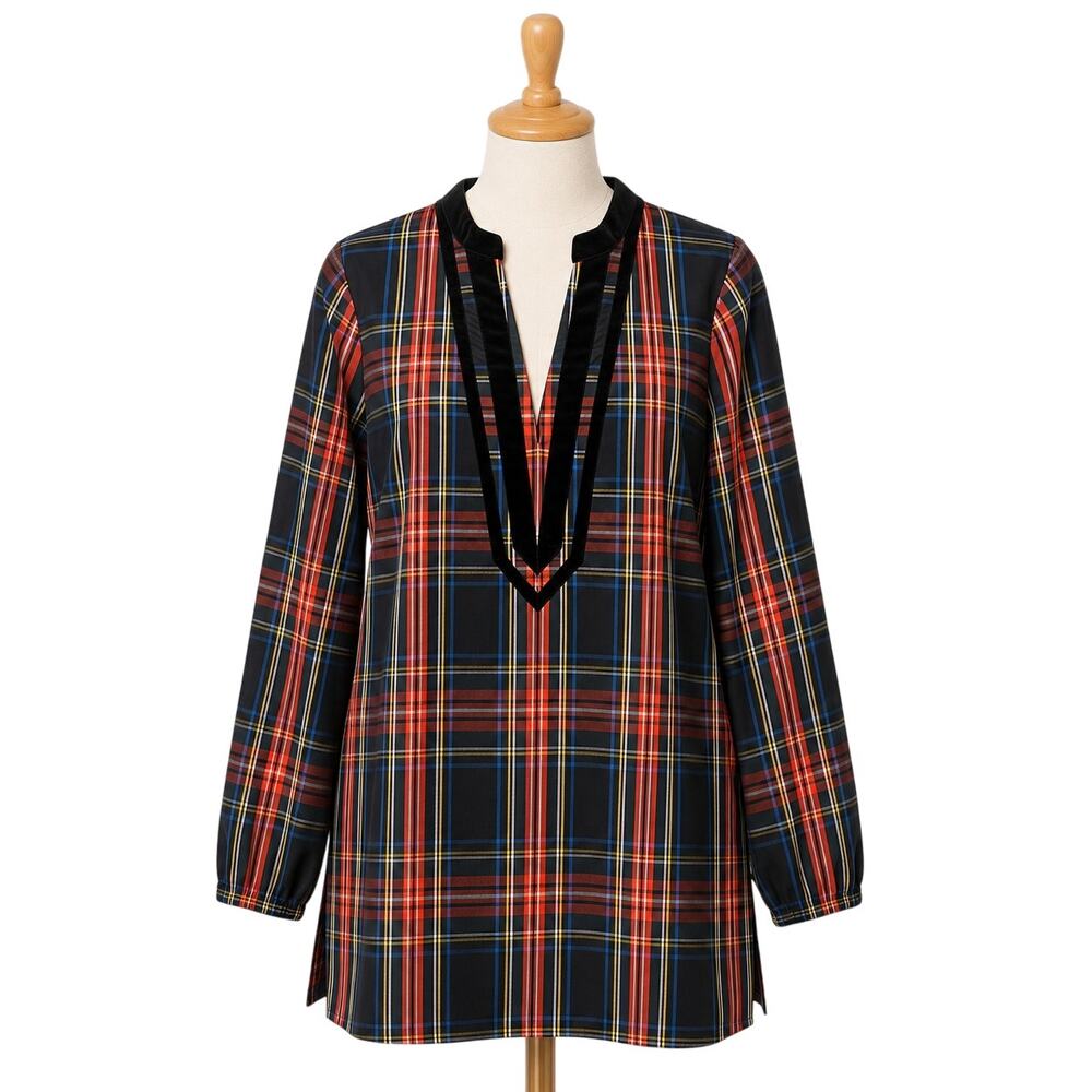 J.Crew Classic Plaid Tunic Top M Black Velvet Trim Cotton Equestrian Ralph